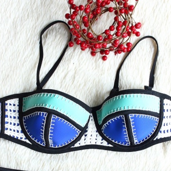 CROCHET TRIANGLE NEOPRENE BIKINI BLUE ANAWHATA top only - Picture 2 of 11